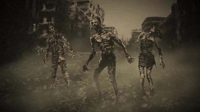 Three zombies go on the road in the middle of the destroyed city. Animation in the genre of horror. Infection zone. After nuclear war. Monochrome color