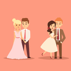 Wedding couple vector beautiful model girl in white dress and man in suit bride illustration
