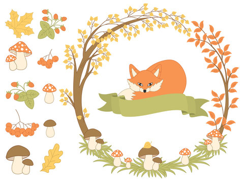 Vector Autumn Forest Set with Fox, Wreath and Forest Plants