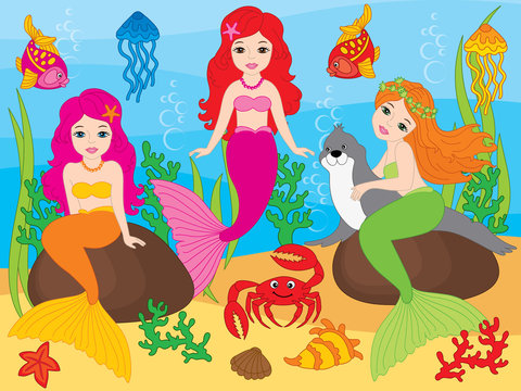 Vector Set of Beautiful Mermaids and Sea Life Elements