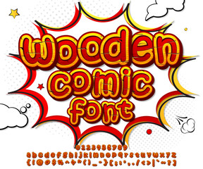 Colorful wooden font on comic book page. Alphabet in style of comics, pop art. Cartoon multilayer letters and figures for decoration of kids' illustrations, game design, comics, banners