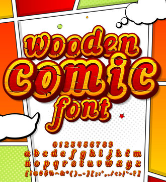 Colorful wooden font on comic book page. Alphabet in style of comics, pop art. Cartoon multilayer letters and figures for decoration of kids' illustrations, game design, comics, banners
