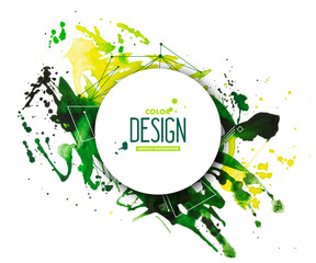 Yellow-green abstract watercolor background with geometric pattern and place for text. Hand drawn watercolor stains, splashes and drops on white. Template for covers, flyers, banners, posters, placard