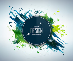 Blue-green abstract watercolor background with geometric pattern and place for text. Hand drawn watercolor stains, splashes and drops. Template for covers, flyers, banners, posters, placards