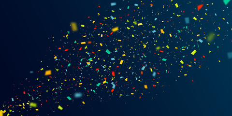 Colorful confetti fly randomly. Abstract dark background with explosion particles. Vector illustration can be used for greeting card, carnival, holiday, celebration.