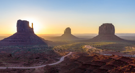 Sunrise at Monument Valley, Panorama of the Mitten Buttes - seen from the visitor center at the...