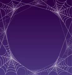 Foto auf Glas Spooky spider web frame with purple background. Space for text. For poster, web banners, cards, invitations.  Halloween vector illustration. © TeddyandMia