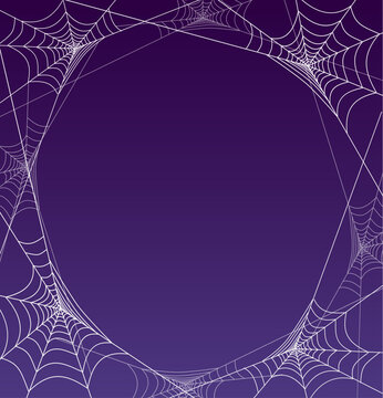 Spooky spider web frame with purple background. Space for text. For poster, web banners, cards, invitations.  Halloween vector illustration.