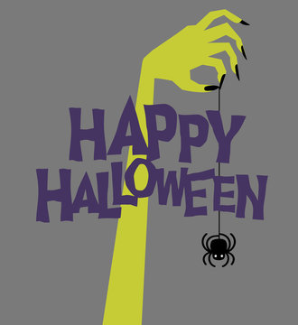 Retro Zombie Hand Reaching Up And Holding Creepy Swinging Spider. Template For Posters, Banners, Cards. Happy Halloween.