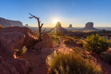 Sunrise at Monument Valley, Panorama of the Mitten Buttes - seen from the visitor center at the...