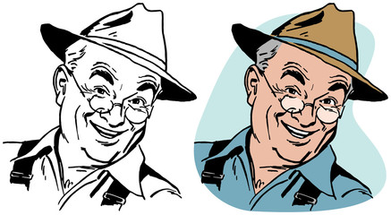 A smiling elderly man in glasses and a farmer's hat