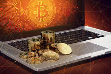 Bitcoin piles laying on computer with Bitcoin logo on-screen and blockchain nodes all around. Bitcoin transactions endangered concept. 3D rendering