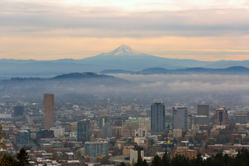 Mount Hood over Portland Downtown Cityscape in Oregon USA