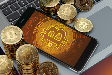 Smartphone with Bitcoin symbol on-screen laying on computer keyboard around Bitcoin piles. Bitcoin price decline on popularity concept. 3D rendering