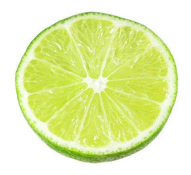 Slice of juicy green lime isolated on white background