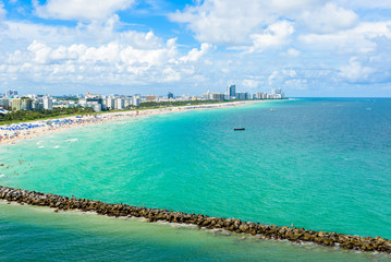 South Beach, Miami Beach. Tropical and Paradise coast of Florida, USA. Aerial view.