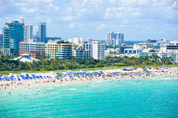Fototapeta na wymiar South Beach, Miami Beach. Tropical and Paradise coast of Florida, USA. Aerial view.