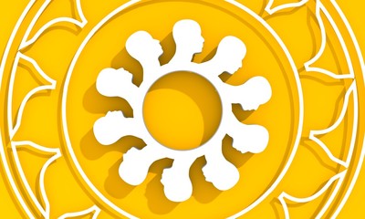 Social networking people conceptual design. Human communication simple icons model. Decorated by circular ornament. 3D rendering