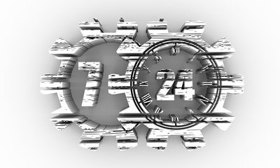Time operation mode in gear. For customer support and retail. Seven days twenty four hour. Distress grunge texture. 3D rendering