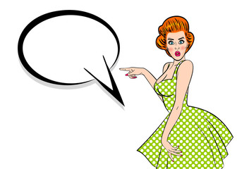 Red woman Pop art vintage customer. Sexy young attractive pinup girl show finger. Retro wow surprised face open mouth. Blank speech bubble, empty comic text box. Female fashion breast.