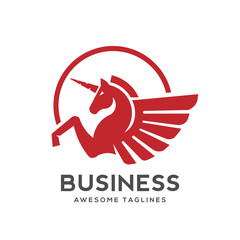 Winged unicorn logo vector illustration. Stylized mythical creature silhouette, horse winged logo vector,
