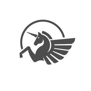 Fototapeta Winged unicorn logo vector illustration. Stylized mythical creature silhouette, horse winged logo vector,