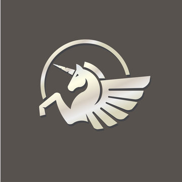 Fototapeta Winged unicorn logo vector illustration. Stylized mythical creature silhouette, horse winged logo vector,