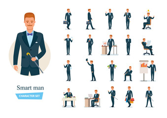 Set of smart graceful man cartoon character in different situations.