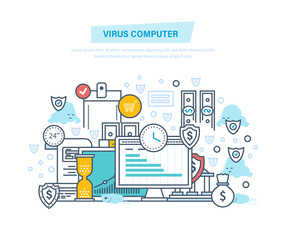 Virus computer, protection, attack. Protection of data, payments, financial security.