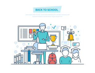 Back to school. Education, e-learning. Online courses, school building, teaching.