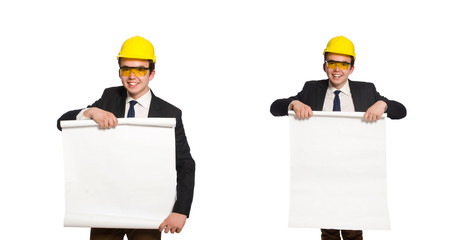 Funny architect with drawings on white