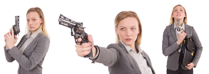 Businesswoman with gun isolated on white