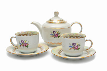 Cups and saucers, tea set on white background