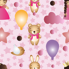 pattern with cartoon cute toy baby girl and bunny