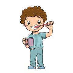 The boy stood brushing their teeth and holding a glass of water.