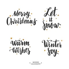 Vector Modern Brushpen Calligraphy, Merry Christmas. Let it snow. Warm wishes. Winter Joy. Lettering