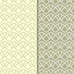 Olive green geometric ornaments. Set of seamless patterns