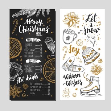Merry Christmas Festive Winter Menu On Chalkboard. Design Template Includes Different Vector Hand Drawn Illustrations And Brushpen Modern Calligraphy. Beverages, Food And Christmas Elements.