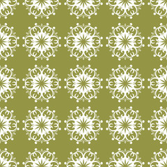 White floral seamless pattern on olive green background