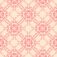 Red flowers on beige background. Ornamental seamless pattern