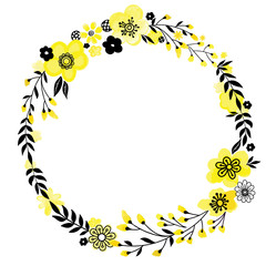 Floral decorativ frame. Yellow flowers isolated on white. Round wreath design element. Vector illustration