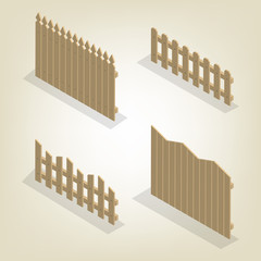 Set of isometric spans wooden fences, vector illustration.