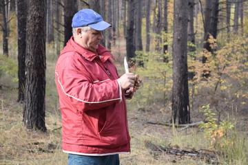 кавказский пожилой мужчина собирает грибы © sashasandro