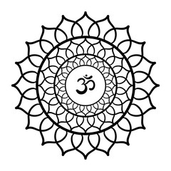 Mandala frame with Om symbol. Hand drawn oriental ornament for greeting card, invitation, coloring book, yoga poster.