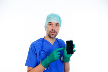 young doctor pointing of his phone