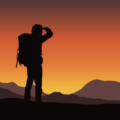 Vector illustration of a tourist with a backpack looking in the distance in a mountain landscape under an orange sky in the sunrise