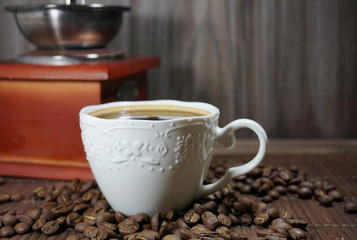 Aromatic and  hot coffee in a cup - selective focus
