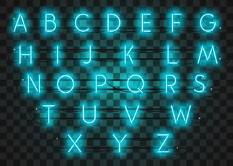 Turquoise neon character font set on purple background, vector illustration. 