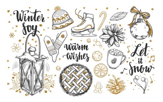 Merry Christmas and Happy New Year set. Vector hand drawn winter elements and Modern brushpen Calligraphy. Winter Joy. Let it snow. Warm Wishes Lettering