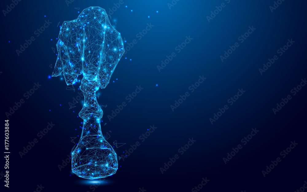 Aufkleber hand holding chess from lines and triangles, point connecting network on blue background. illustrati